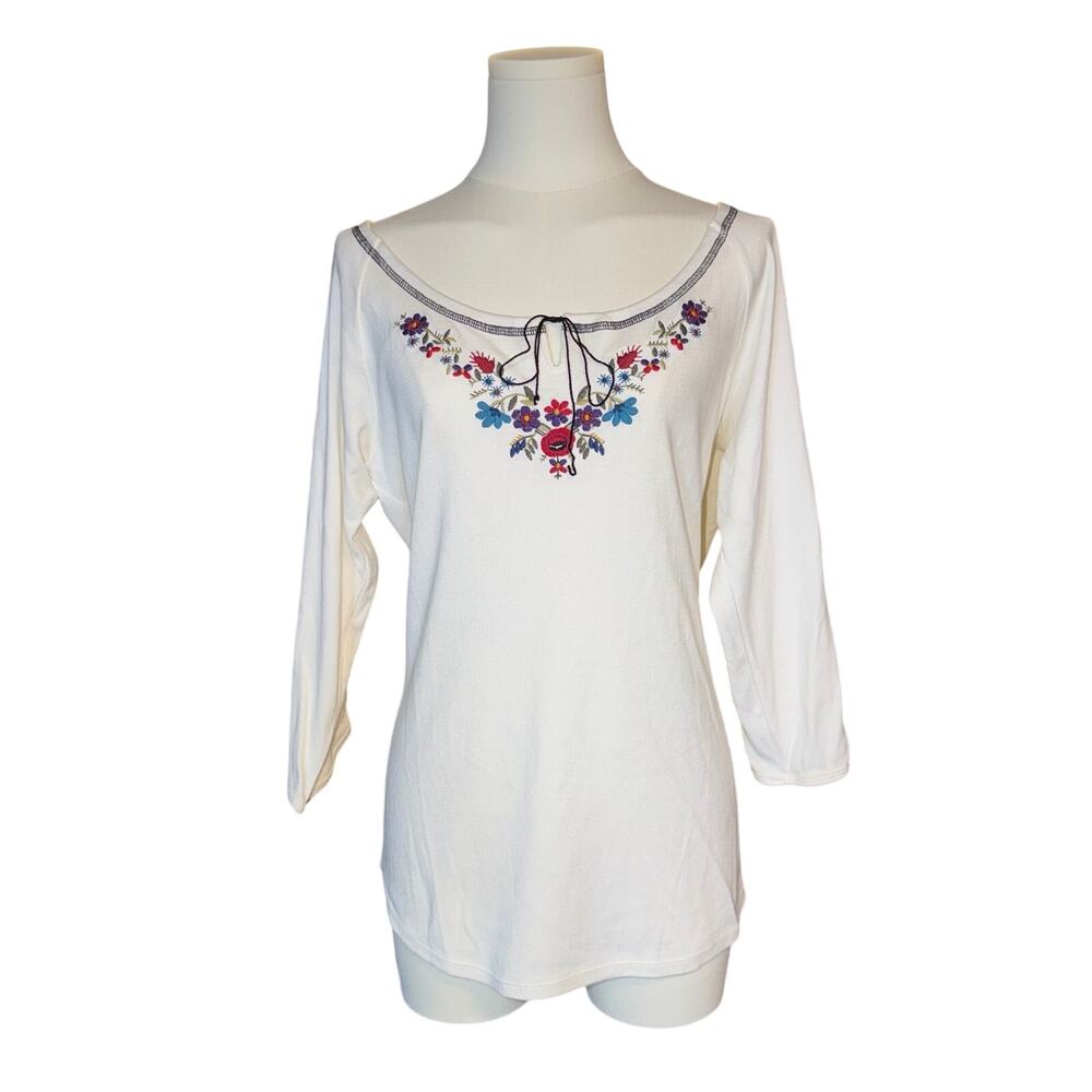 Vintage Embroidered Floral Knit Top XL Scoop Neck Ribbed Y2K Cottagecore Boho